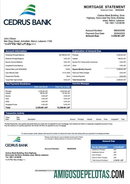 realista Modelo Word e PDF de extrato de hipoteca do Banco Cedrus do Líbano